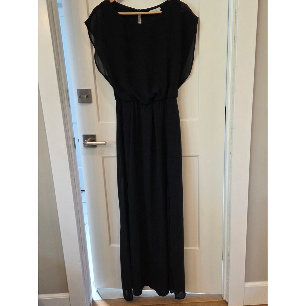 Lush Black Maxi Dress Sheer Hem Double Slit Minimalist Romantic Wedding Guest L